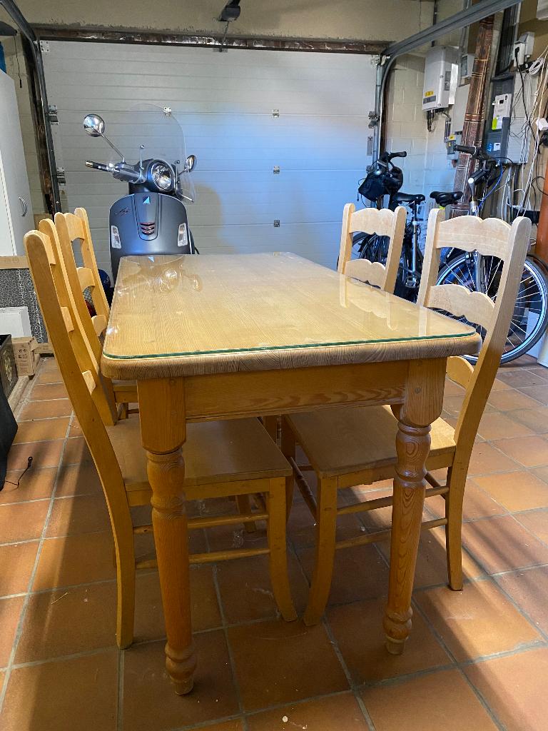 Tafel old pine en 4 stoelen, Huis en Inrichting, Tafels | Sidetables, Ophalen, Gebruikt, 100 tot 150 cm, Landelijk