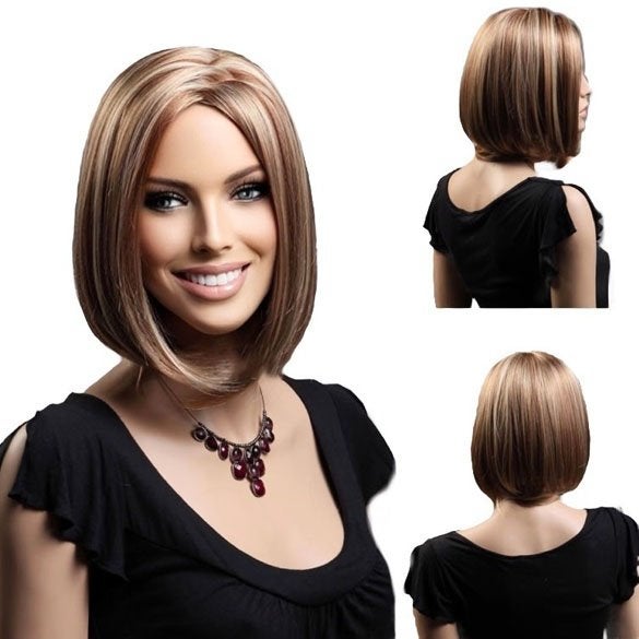 Luxe pruik steil haar bob model mix blond en bruin, Bijoux, Sacs & Beauté, Enlèvement ou Envoi, Neuf