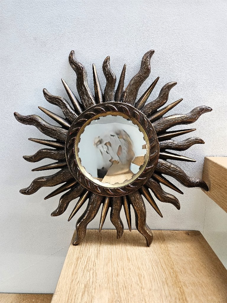 Vintage bolle zonnespiegel van goudkleurig hars, Ophalen