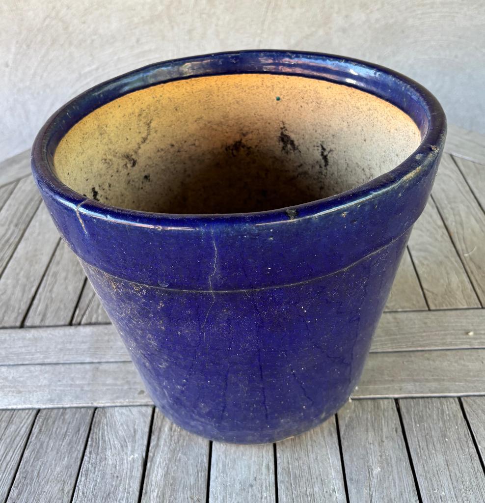 Blauwe bloempot, Tuin en Terras, Bloempotten, Gebruikt, Rond, Minder dan 40 cm, Balkon
