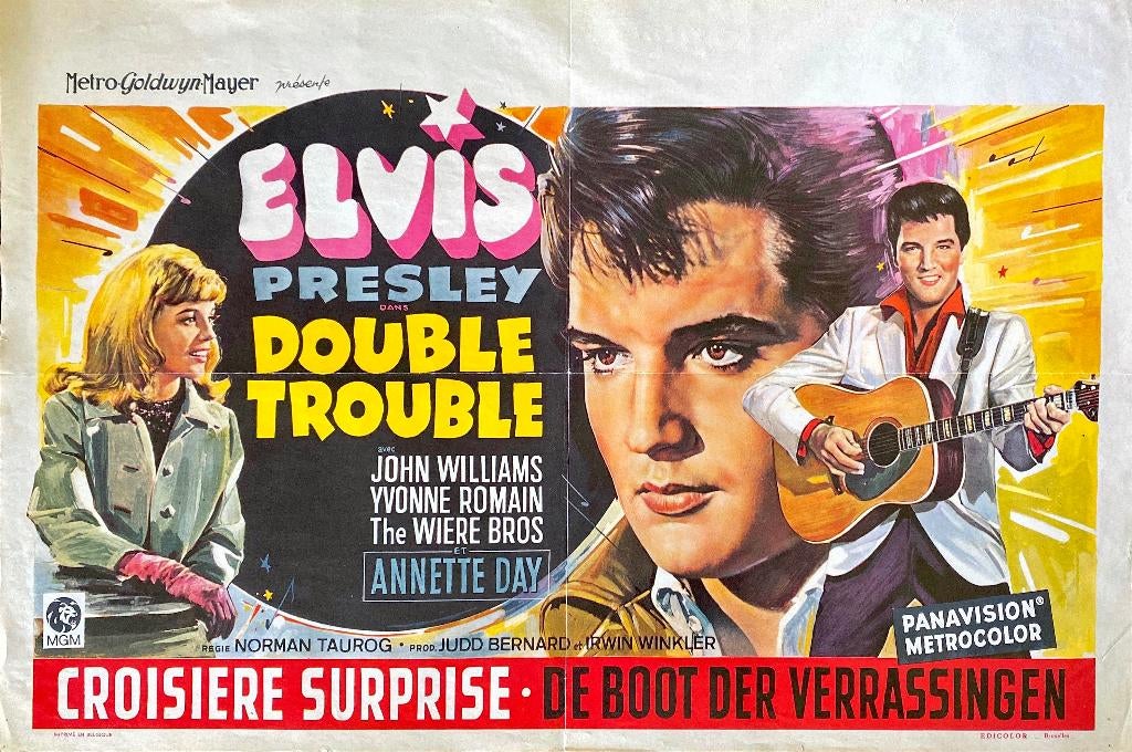 Belgische poster van „Double Trouble” met Elvis Presley., Verzamelen, Gebruikt, Rechthoekig Liggend, Ophalen of Verzenden, A1 t/m A3