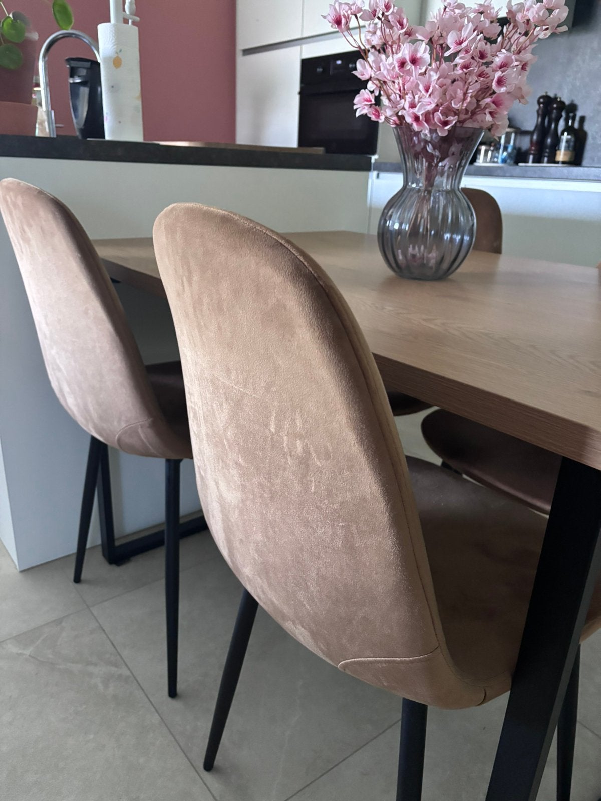 4 velvet stoelen, Huis en Inrichting, Ophalen, Bruin, Zo goed als nieuw, Vier