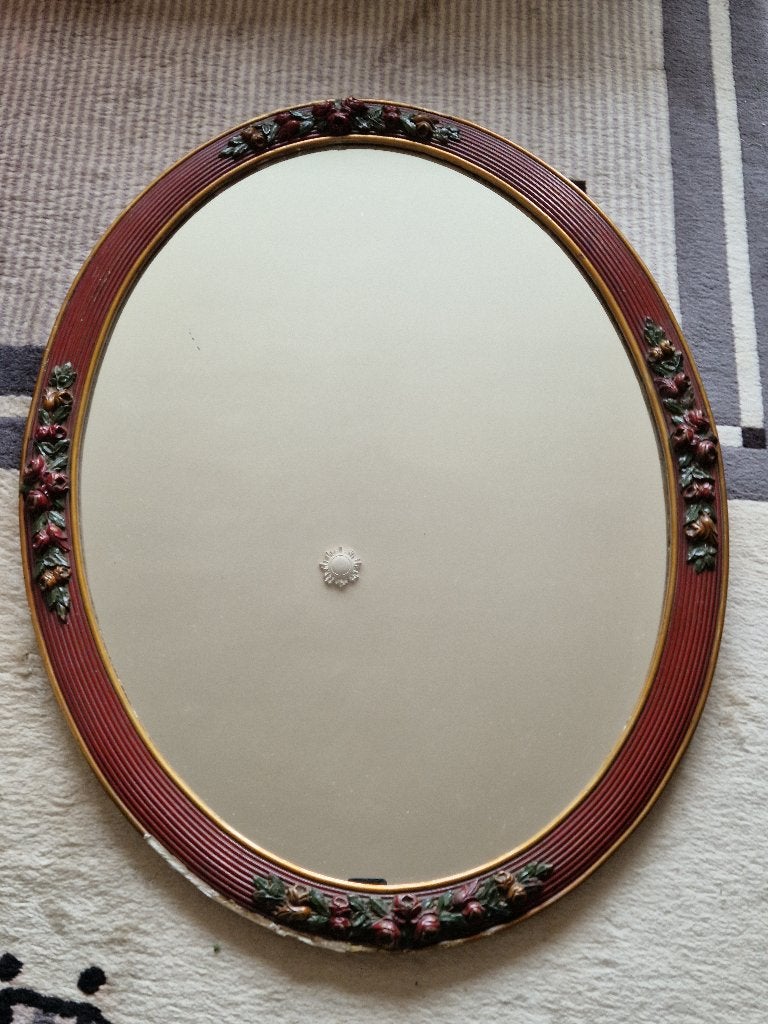 miroir oval  bois et stuc décor floral, Antiquités & Art, Enlèvement, Ovale, 50 à 100 cm, Moins de 100 cm