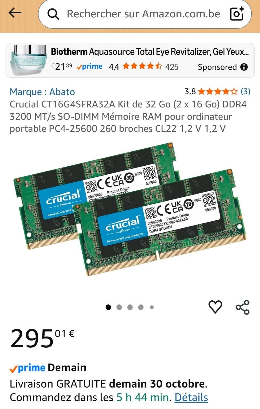 Ram ddr4 2x16go 3200mhz Crucial, Enlèvement, DDR4