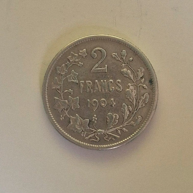 Belgisc he zilveren munt van 2 frank uit 1904 , Leopold II, Ophalen, Zilver, Losse munt, Zilver