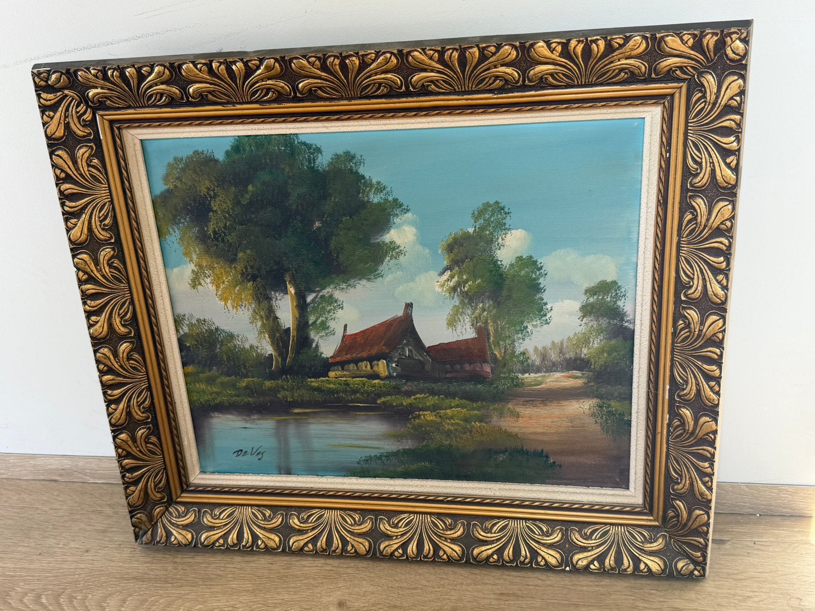 Olieverflandschap 'De Vos' in Baroklijst, Ophalen, Doek, Landschap, Olieverf