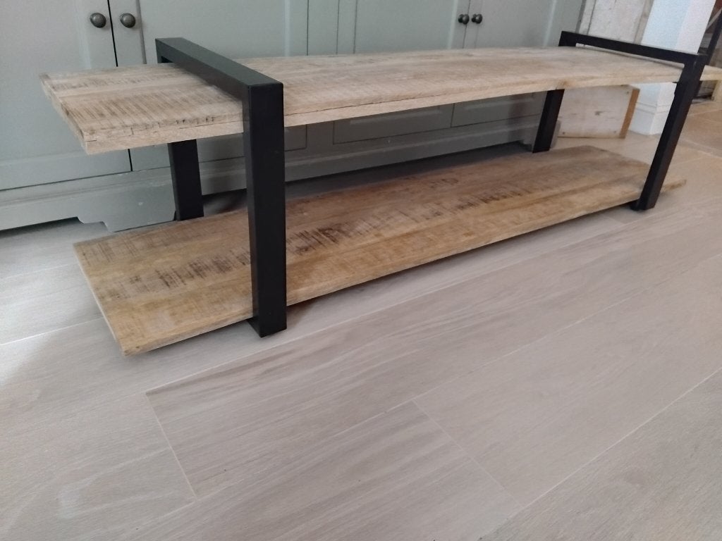 TV meubel massief mango en zwart staal 160 cm nieuw, Enlèvement, Neuf