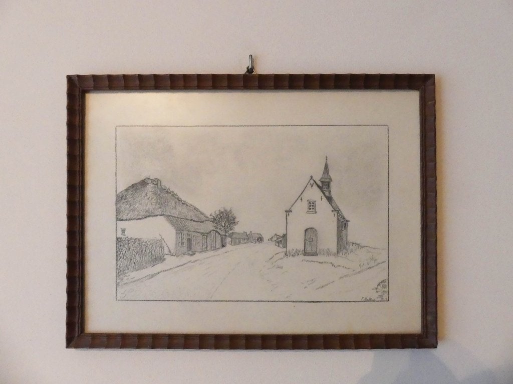Ets met landelijke schuur en kapel, Ets, 27 cm, Ophalen of Verzenden, Gesigneerd