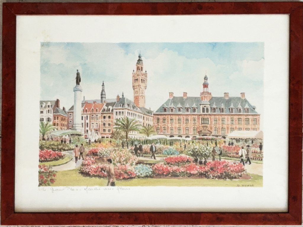 Lille, Grand'Place - Marché aux Fleurs - D. Dewas (45x35), Antiquités & Art, Enlèvement ou Envoi, Aquarelle, Paysage urbain / rural