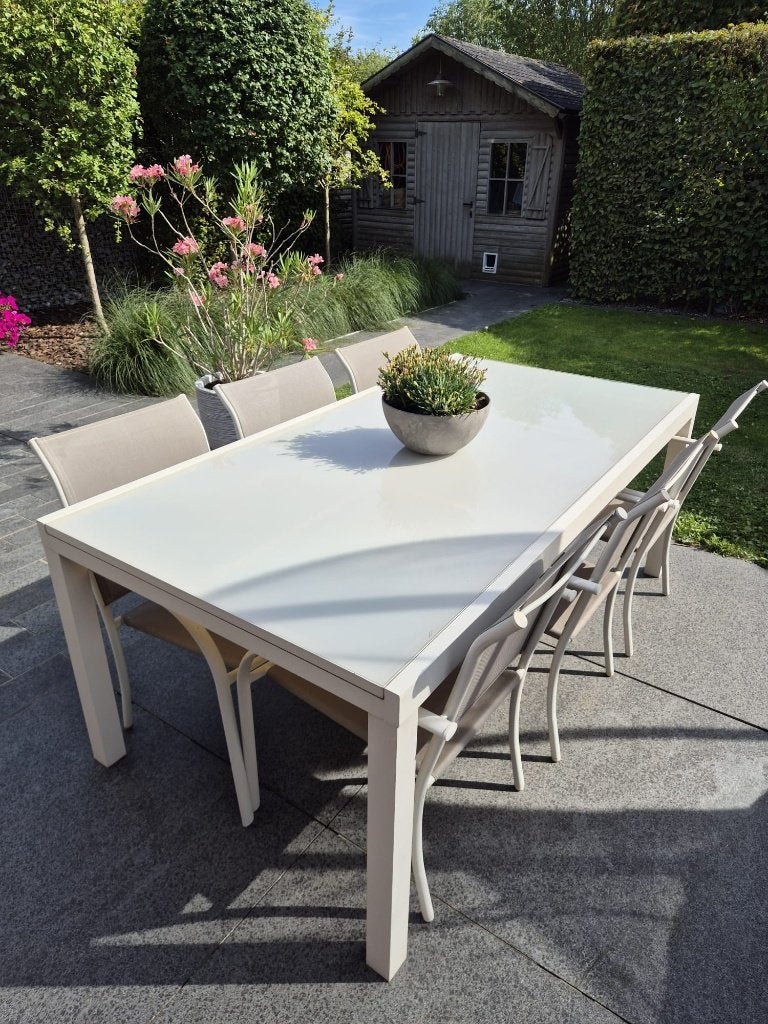 Uitschuifbare tuintafel+8 stoelen te koop. Wees er snel bij!, Tuin en Terras, Ophalen, Gebruikt, Rechthoekig, Aluminium