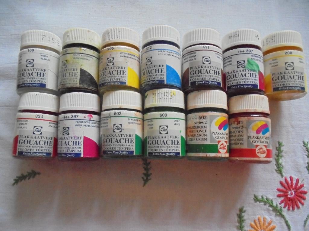 13  potjes oude TALENS plakkaatverf met schroefdop, Ophalen of Verzenden, Gebruikt