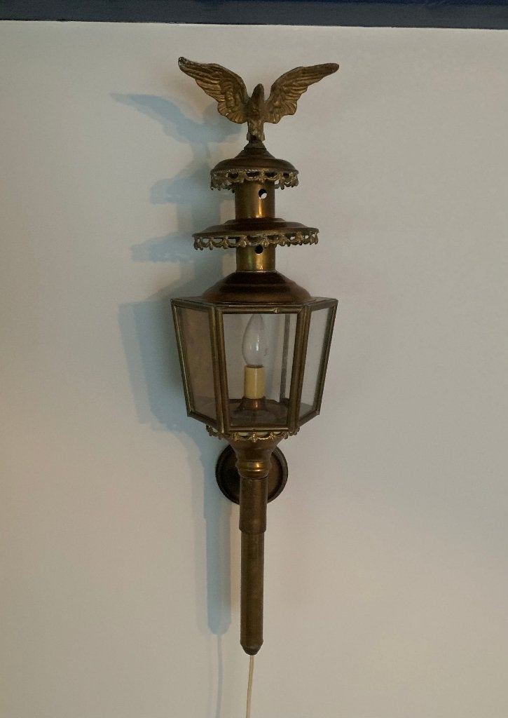 Antieke messing koetslantaarn met houder, Antiek en Kunst, Ophalen