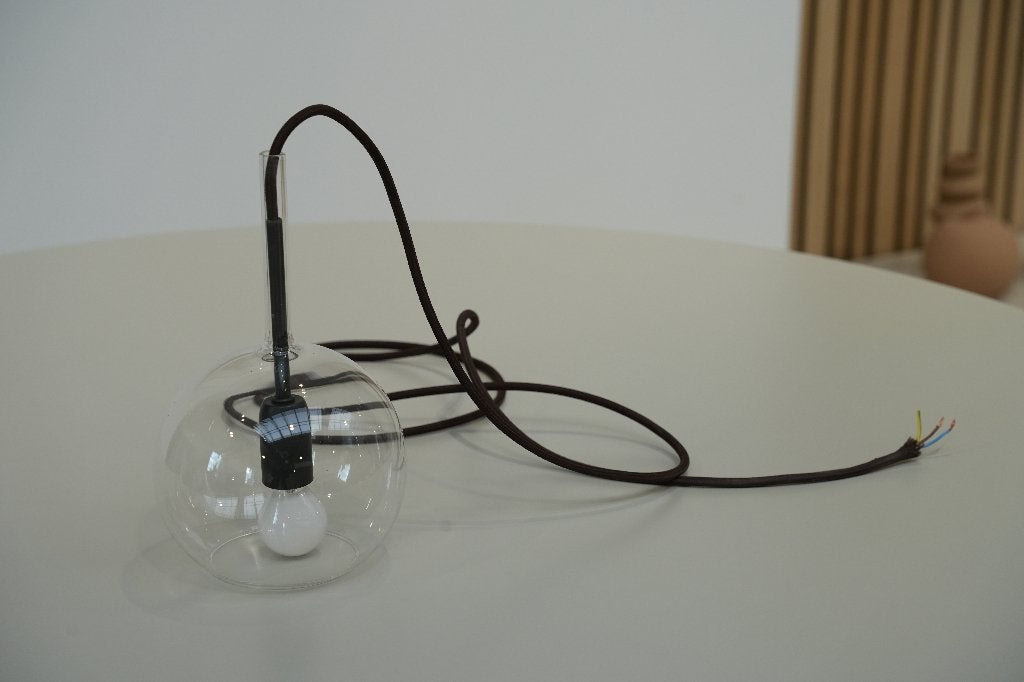 Glazen hanglamp met textielkabel, Ophalen, E14 (klein), Zo goed als nieuw, Minimalistisch