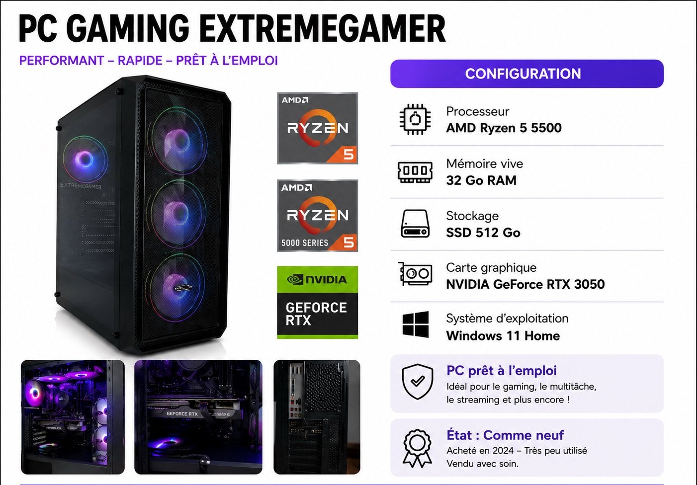 PC Gamer Ryzen 5 5500 • RTX 3050 • 32 Go RAM • Comme neuf, Informatique & Logiciels, Enlèvement, Comme neuf, Gaming, SSD