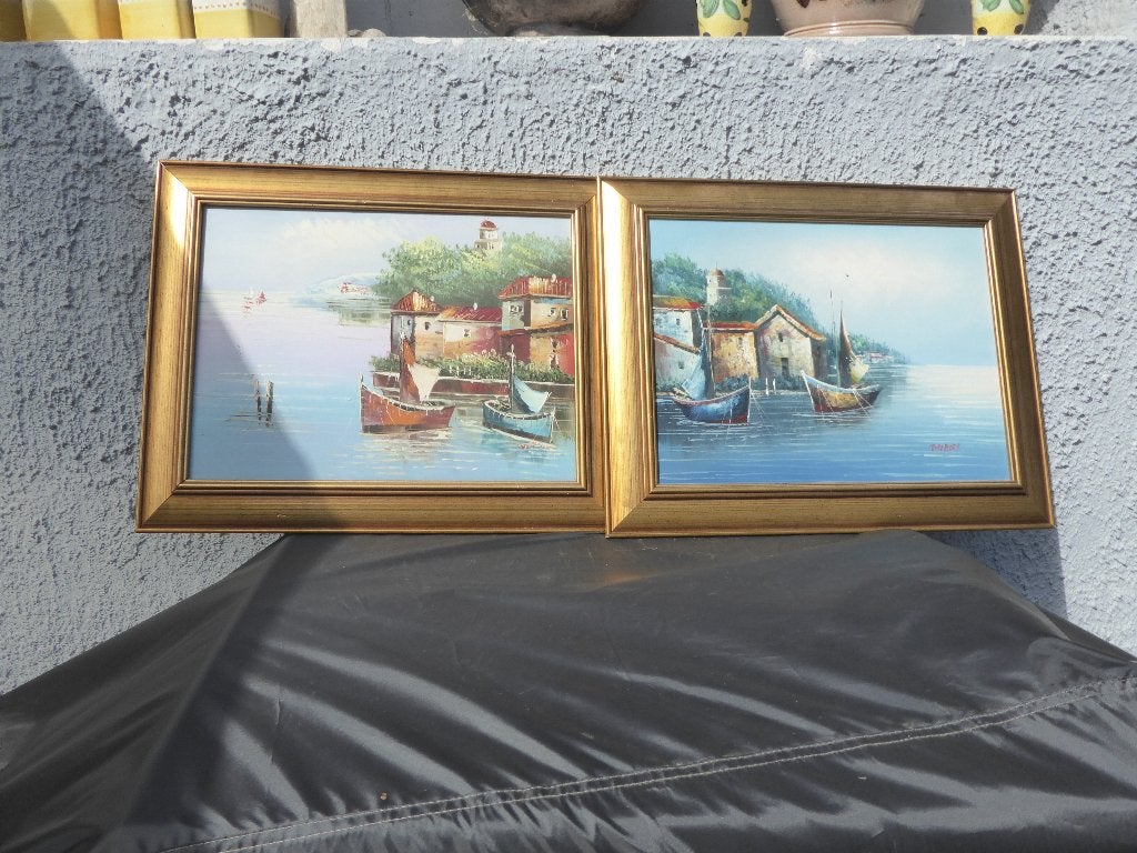 2x peinture décor mer, bateaux  50cm x 40 cm, Antiquités & Art, Enlèvement, Maritime / eau