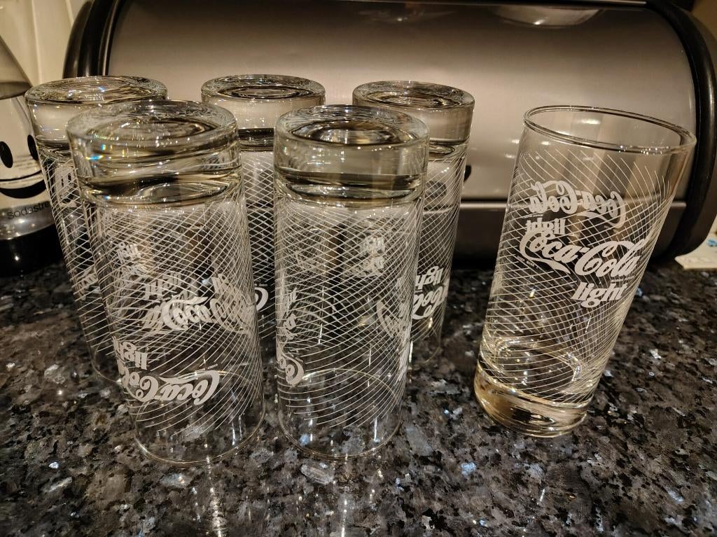 6 cola Light glazen, Ophalen of Verzenden, Gebruikt, Frisdrankglas