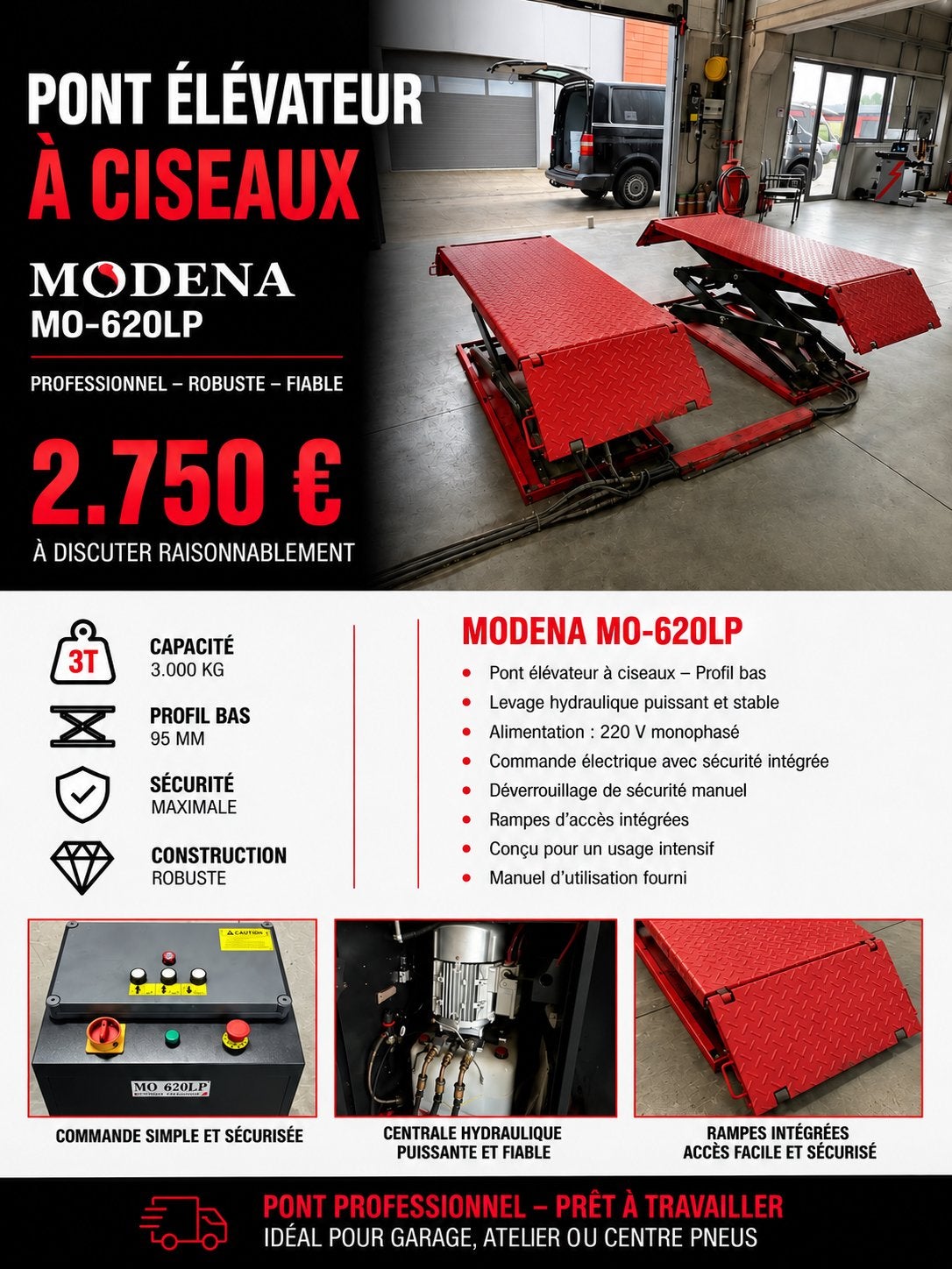 PONT ÉLÉVATEUR À CISEAUX MODENA MO-620LP – 3 TONNES, Services & Professionnels, Apk-keuring