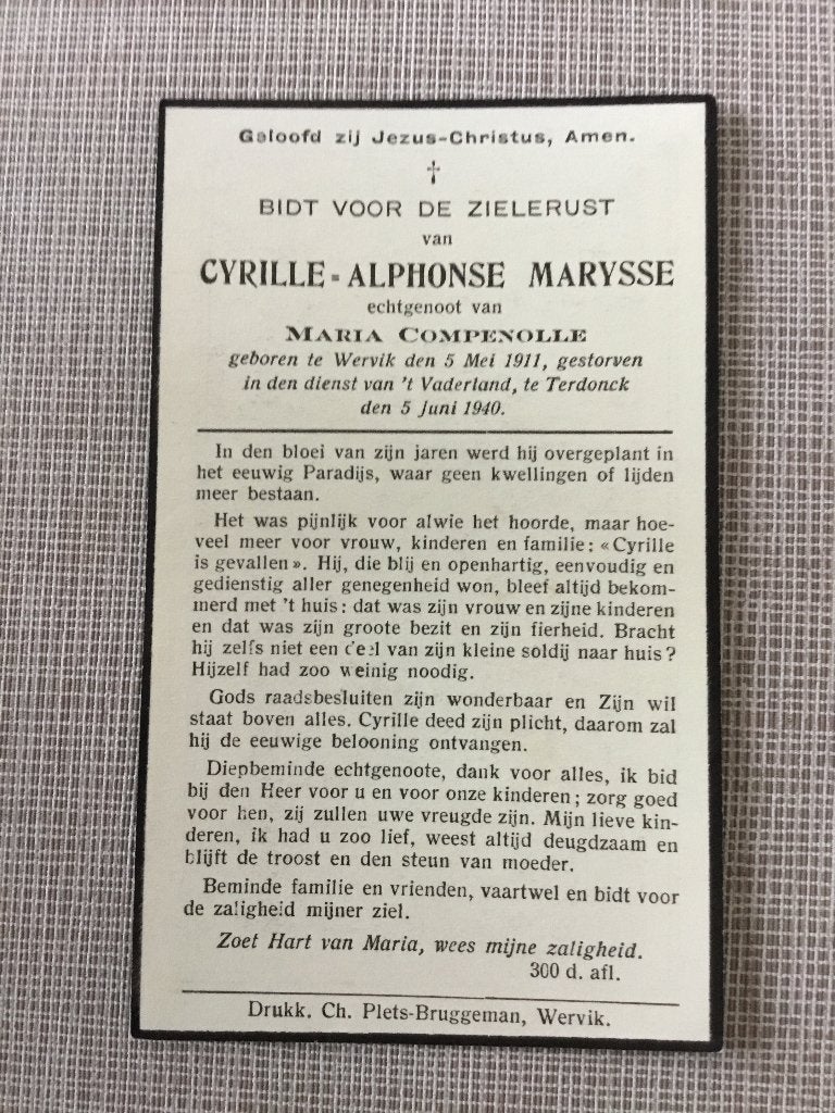 Soldaat C.Marysse Wervik gesneuveld Terdonk juni 1945, Verzamelen, Ophalen of Verzenden, Bidprentje