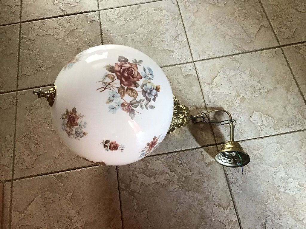 Mooie  vintage hanglamp in beschilderd opaalglas., Huis en Inrichting, Lampen | Hanglampen, Zo goed als nieuw, Glas, Metaal, Ophalen