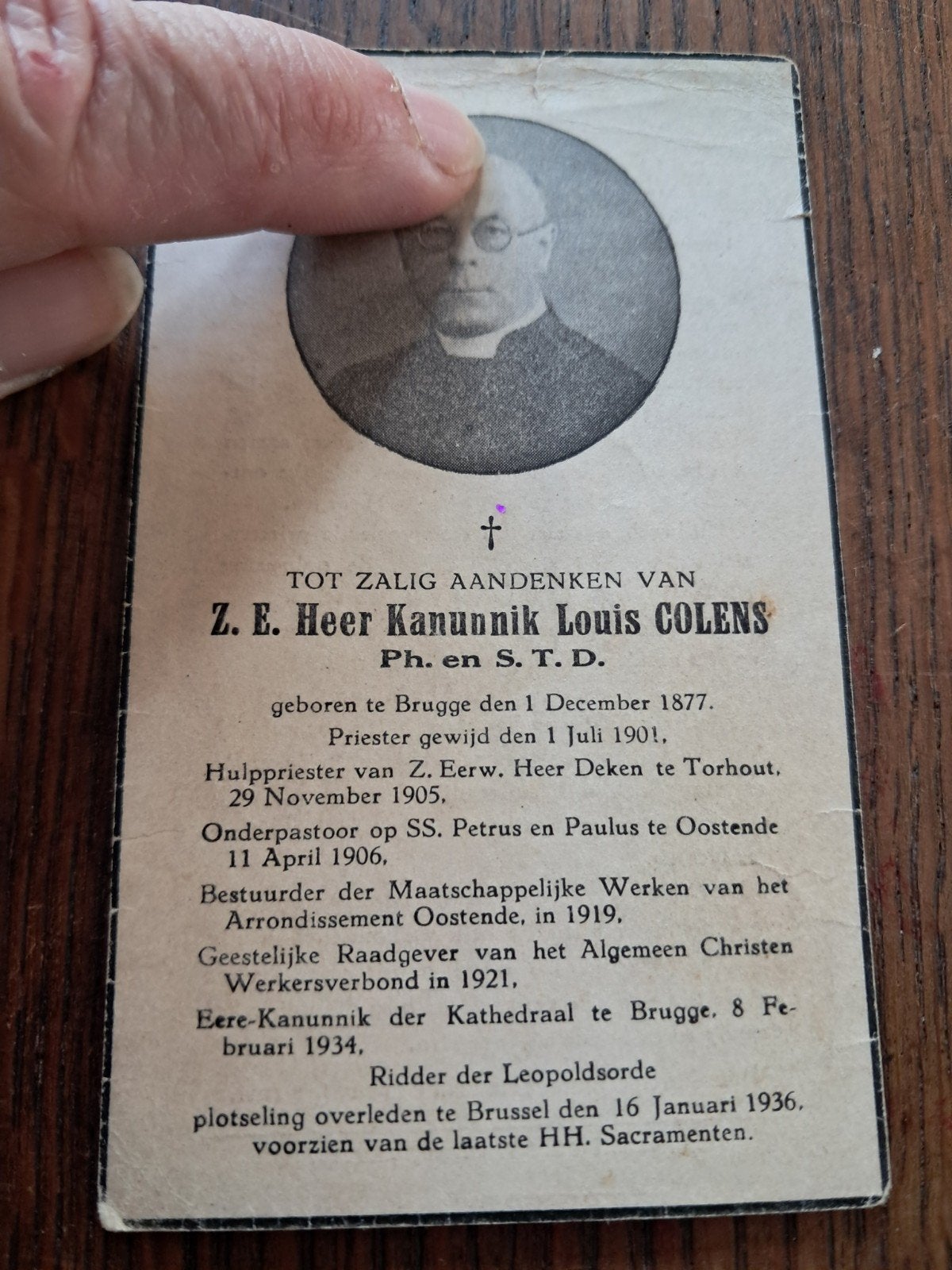 Heel oud bp, kanunnik Louis Colens, Brugge 1877 - BXL 1936, Ophalen of Verzenden