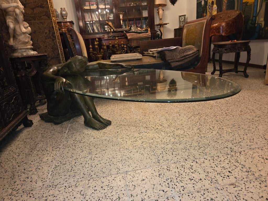 Zeer mooi bronzen vrouw met glasplaat salontafel, Antiek en Kunst, Ophalen
