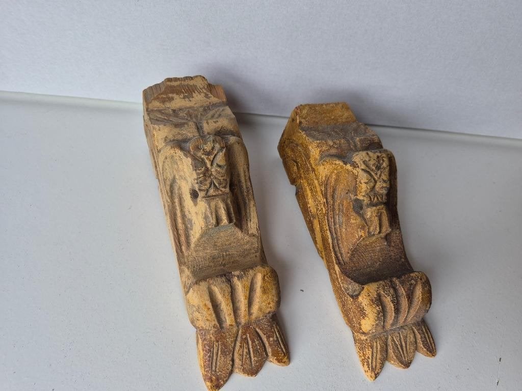 Leeuwenkop duo - houtgesneden / antiek, Mammifère, Statue, Bois, Enlèvement ou Envoi