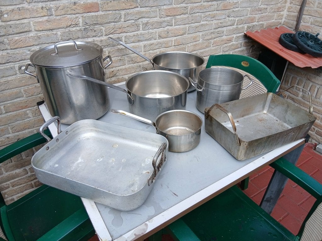 5 Kookpotten en 2 braadsleden, Ophalen, Overige materialen, Met deksel, Zo goed als nieuw