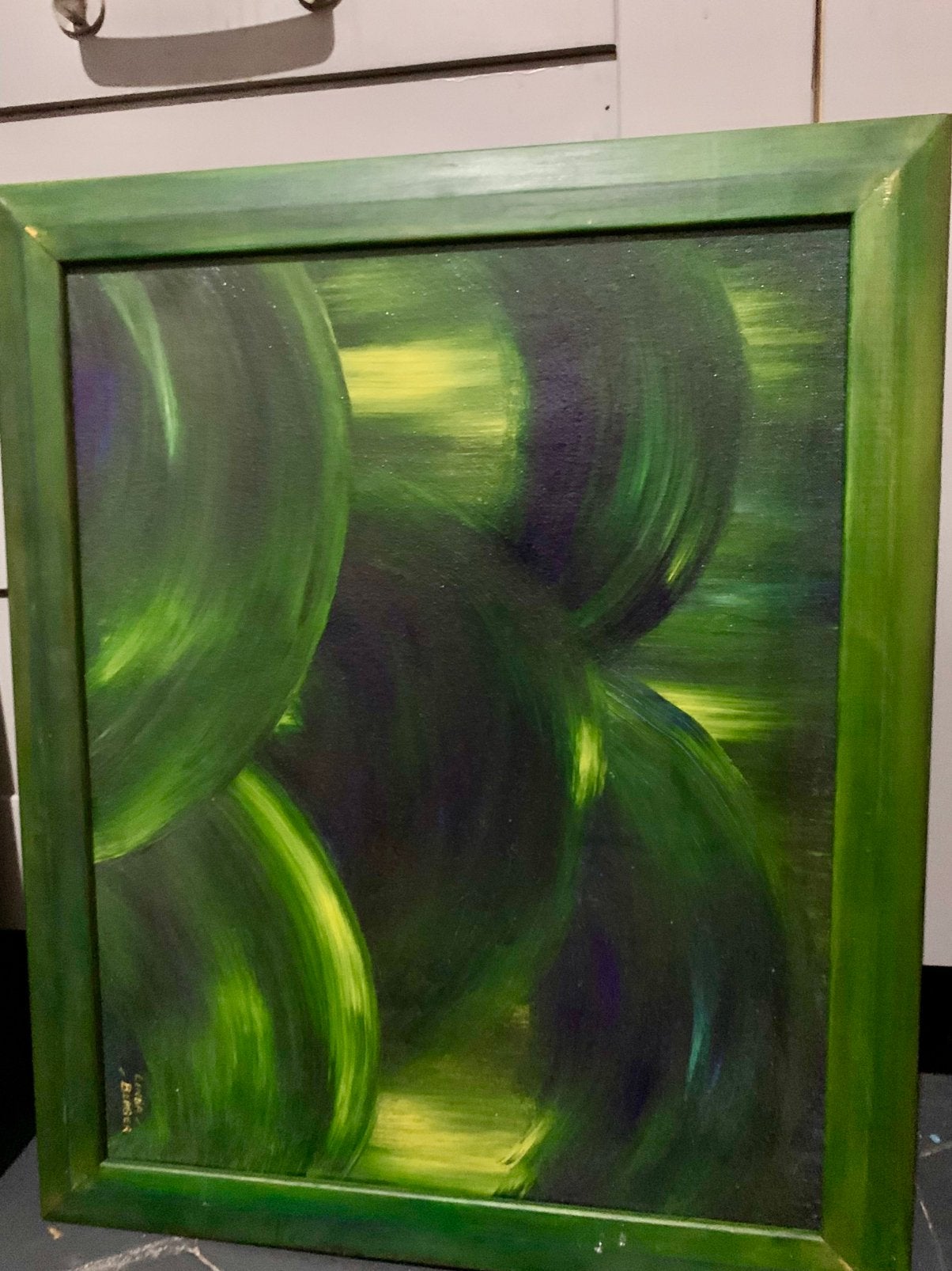 Tableau Peinture Abstraite "Rythmique" Vert Cadre Bois 10€, Antiquités & Art, Enlèvement