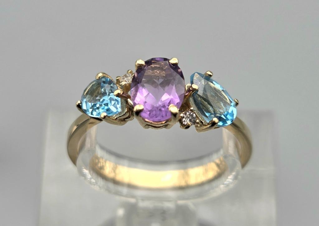 Bague vintage avec topaze, améthyste et diamant. 2025/480, Bijoux, Sacs & Beauté, Bagues, Enlèvement ou Envoi, Autres couleurs