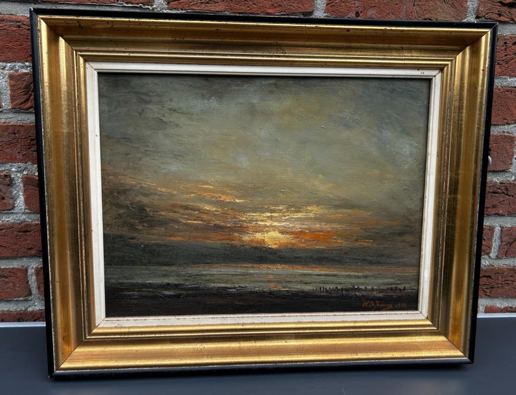 Schilderij, Roger De Frenne, zonsondergang Blankenberge 1970, Antiek en Kunst, Kunst | Schilderijen | Klassiek, Ophalen of Verzenden