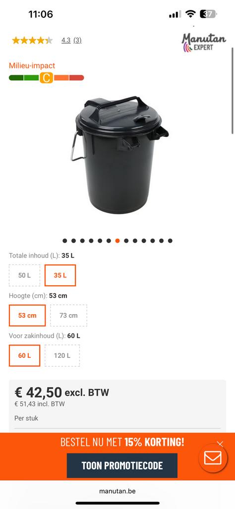 Afvalbak 35 liter zwart, Ophalen, Zo goed als nieuw, Kunststof
