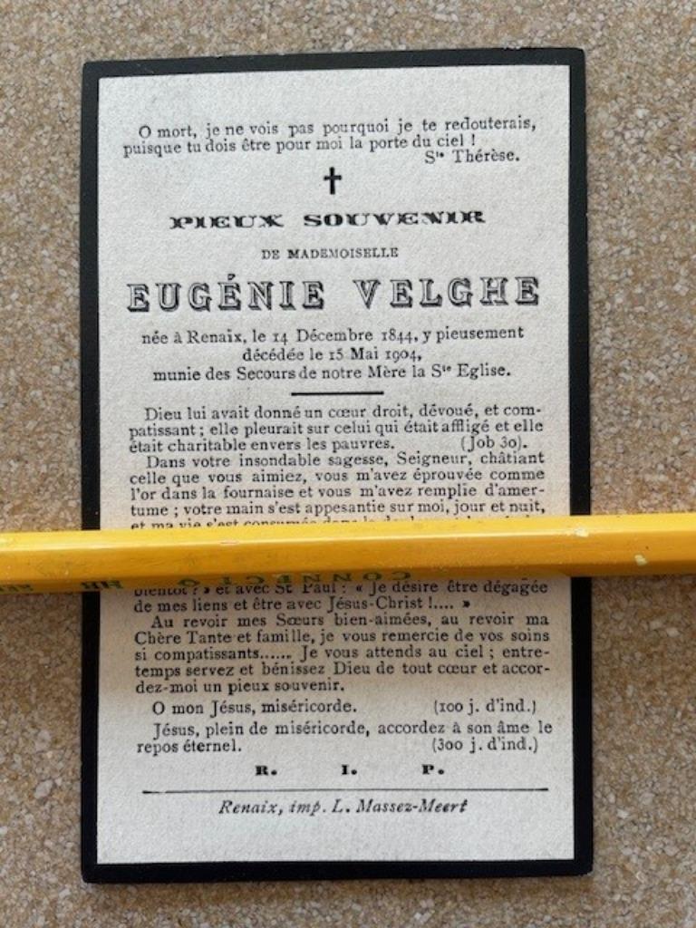 CP RENAIX/RONSE  MAD Eugénie VELGHE  1844 et y décédée 1904, Verzamelen, Bidprentjes en Rouwkaarten, Ophalen of Verzenden, Bidprentje