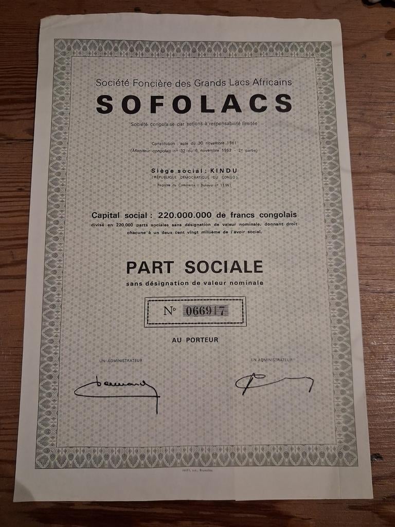 Aandeel sofolacs (rd du congo), Postzegels en Munten, Ophalen of Verzenden, Aandeel