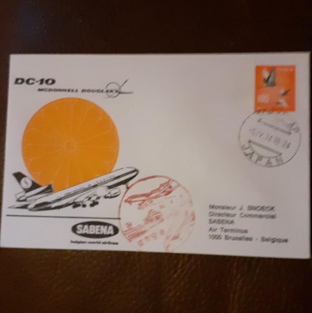 enveloppe 1er jour sabena dc-10douglas 1974 timbre japon, Enlèvement ou Envoi