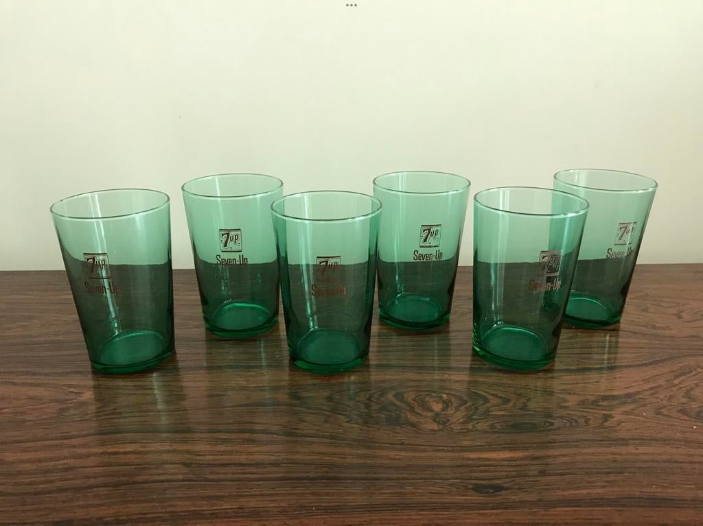 Set van 6 groene 7up glazen retro vintage, Ophalen of Verzenden, Zo goed als nieuw