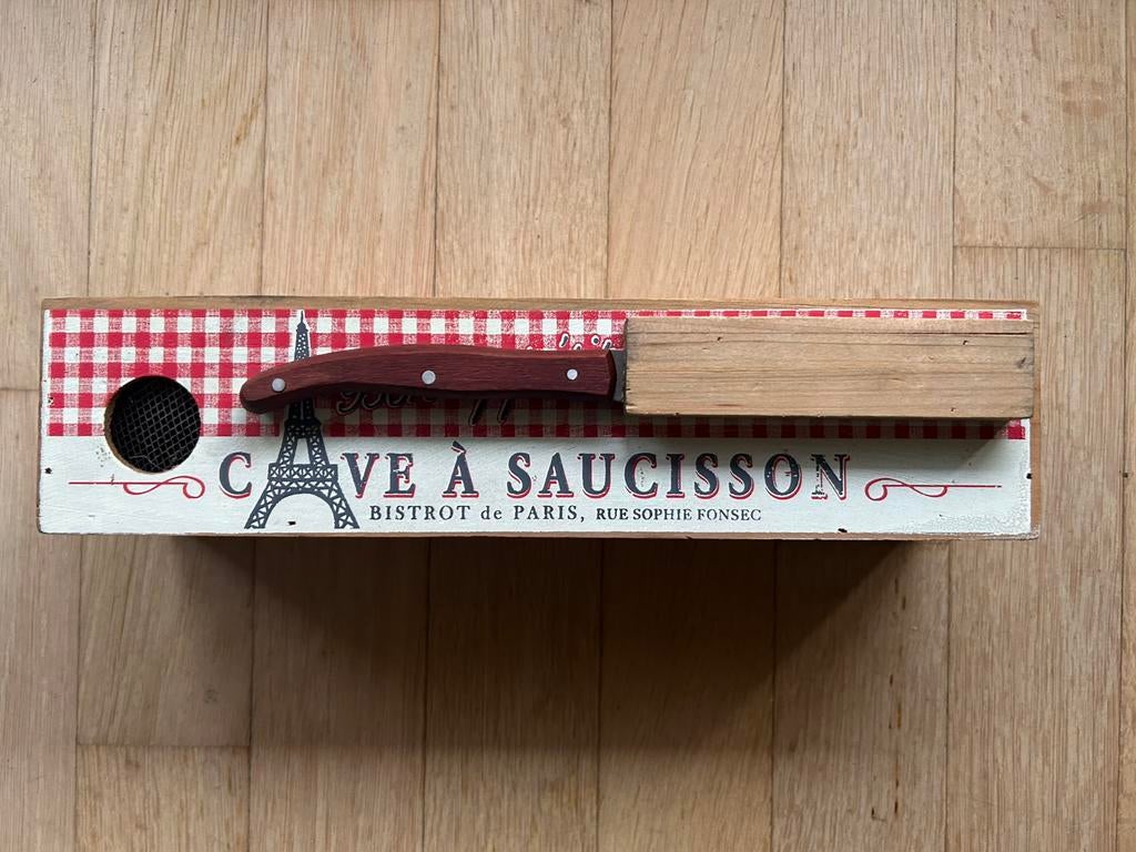 boîte pour saucisses sèches avec couteau 31x10x9,5cm, Enlèvement, Utilisé