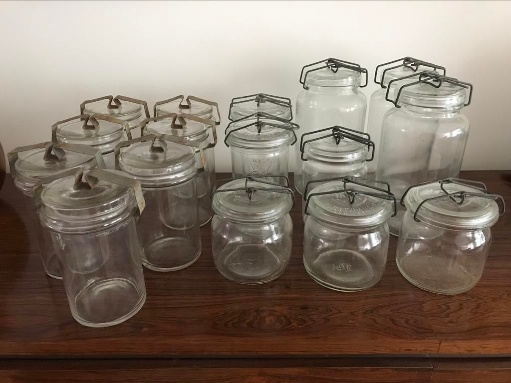 Veel oude glazen weckpotten met sluiting Weck VSL, Ophalen of Verzenden