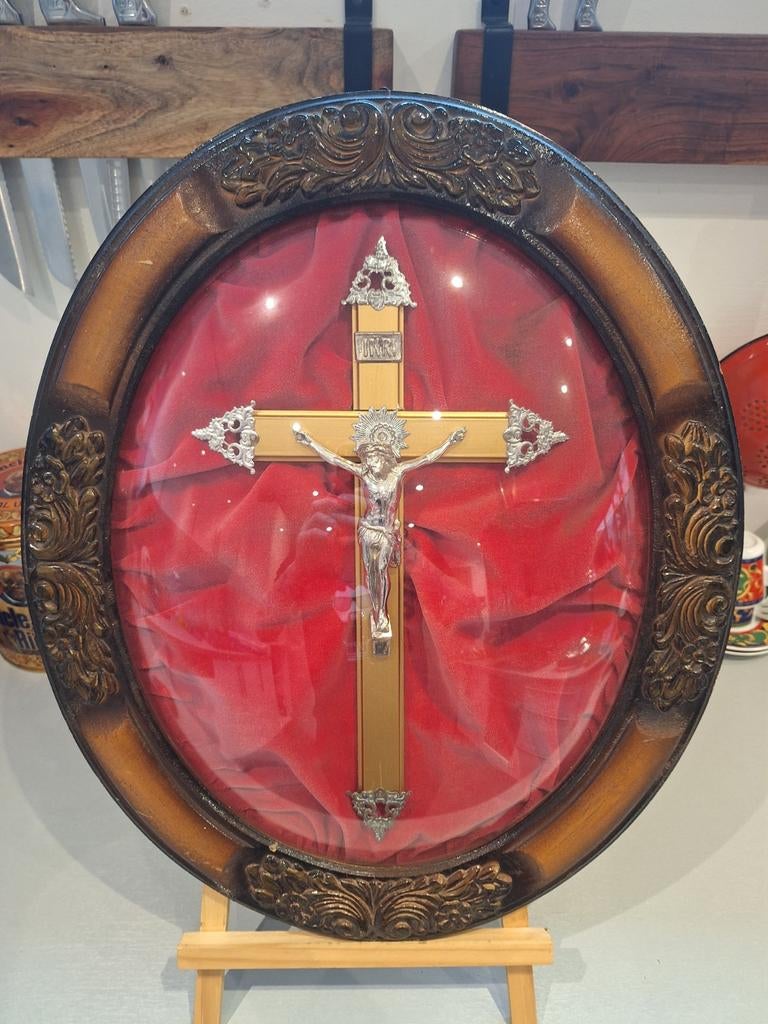 Antieke Kader Met Kruisbeeld Onder Glas, Antiek en Kunst, Ophalen