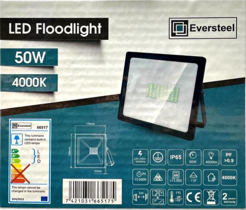 EVERSTEEL LED FLOODLIGHT - 50W - 4000K - 4000 LUMEN - NIEUW, Doe-het-zelf en Bouw, Bouwverlichting, Nieuw, Lamp met armatuur, 50 tot 200 watt