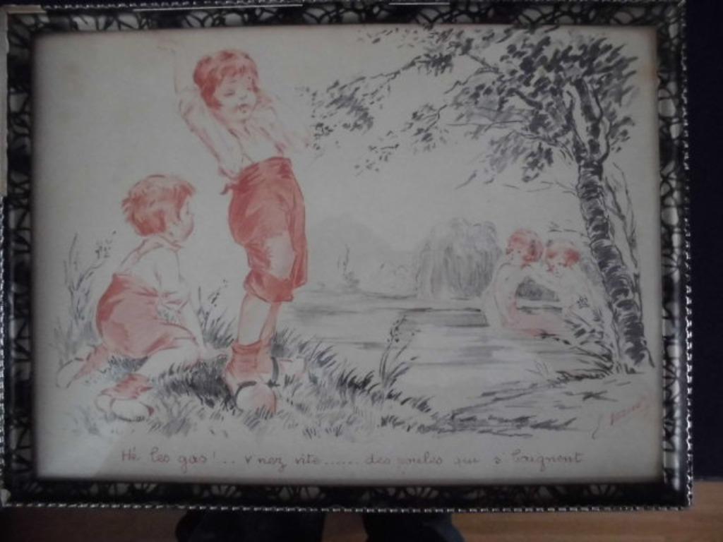 Tekening Naudy E, houtskool rood krijt-  Edouard Reaudin FR, Ophalen of Verzenden