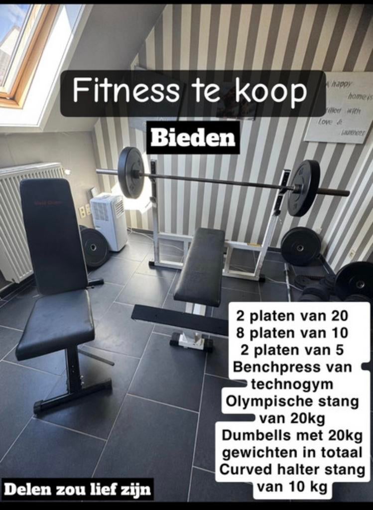 Complete halterset + Technogym benchpress – 95 kg gewichten, Sport en Fitness, Fitnessmaterialen, Ophalen, Zo goed als nieuw, Halterset