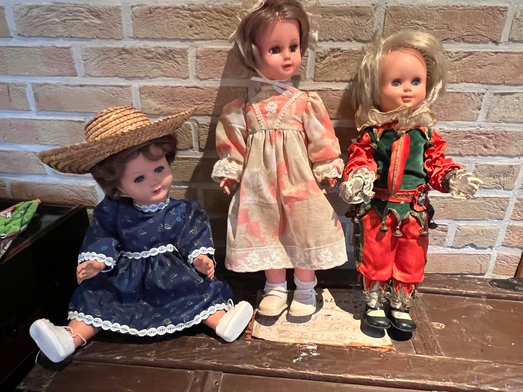 Set van 3 Vintage Poppen – 2 UNICA België + 1 Harlekijnpop, Verzamelen, Ophalen of Verzenden, Pop