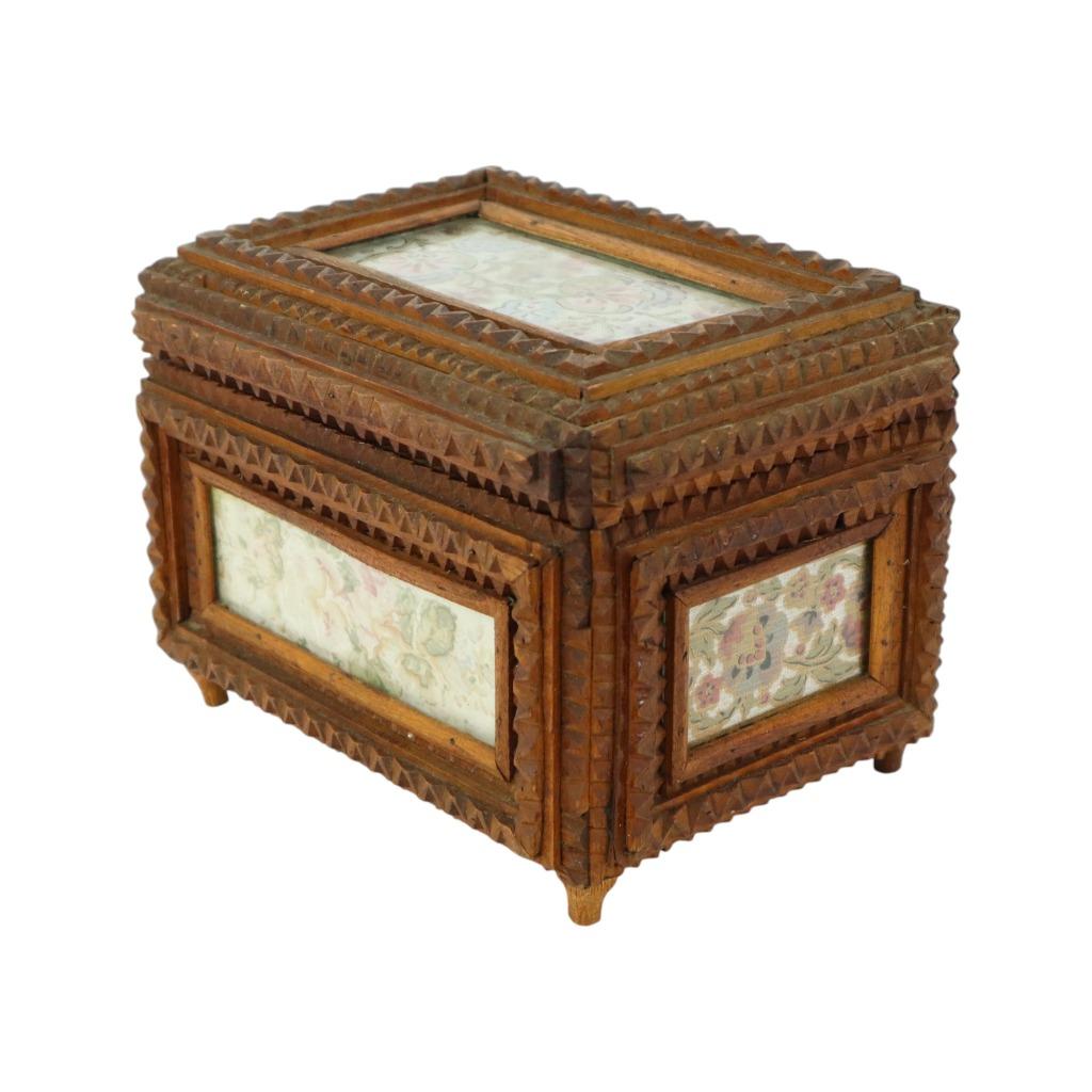 Oude Houten Tramp Art Doos Juwelenkist Trinket Volkskunst, Ophalen of Verzenden