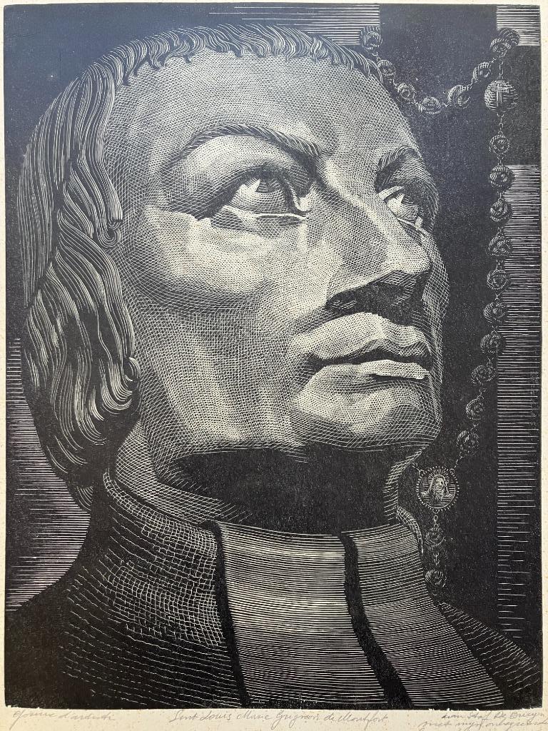 Houtsnede Victor Delhez (1901-1985) Grignion de Montfort, Antiek en Kunst, Ophalen of Verzenden