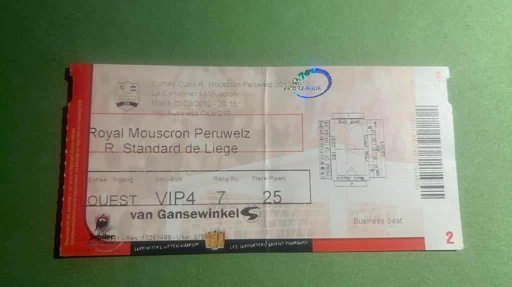 Ticket Mouscron Standard de Liège 2012 coupe de Belgique, Collections, Articles de Sport & Football, Envoi, Utilisé