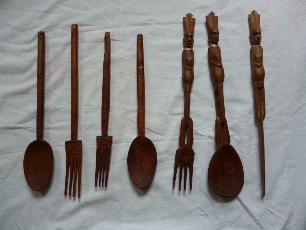 Afrikaanse kunst diverse houten lepelset groot bestek hout, Antiek en Kunst, Ophalen of Verzenden