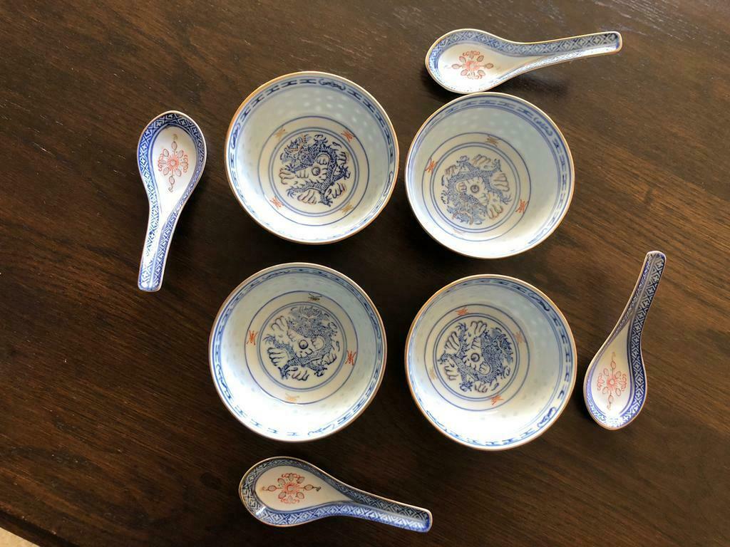 Set van 4 rijstkommetjes met lepel in Chinees porselein, Enlèvement ou Envoi