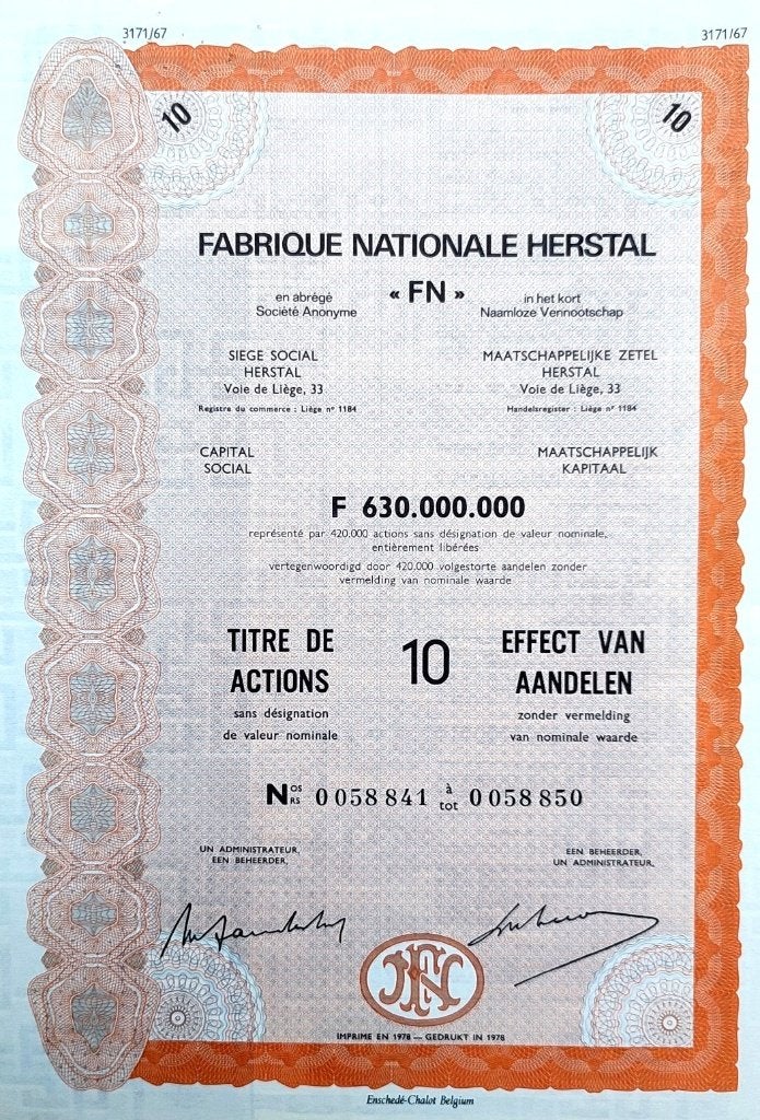 Fabrique National Herstal 1978, Ophalen of Verzenden, 1970 tot heden, Certificaat van aandeel