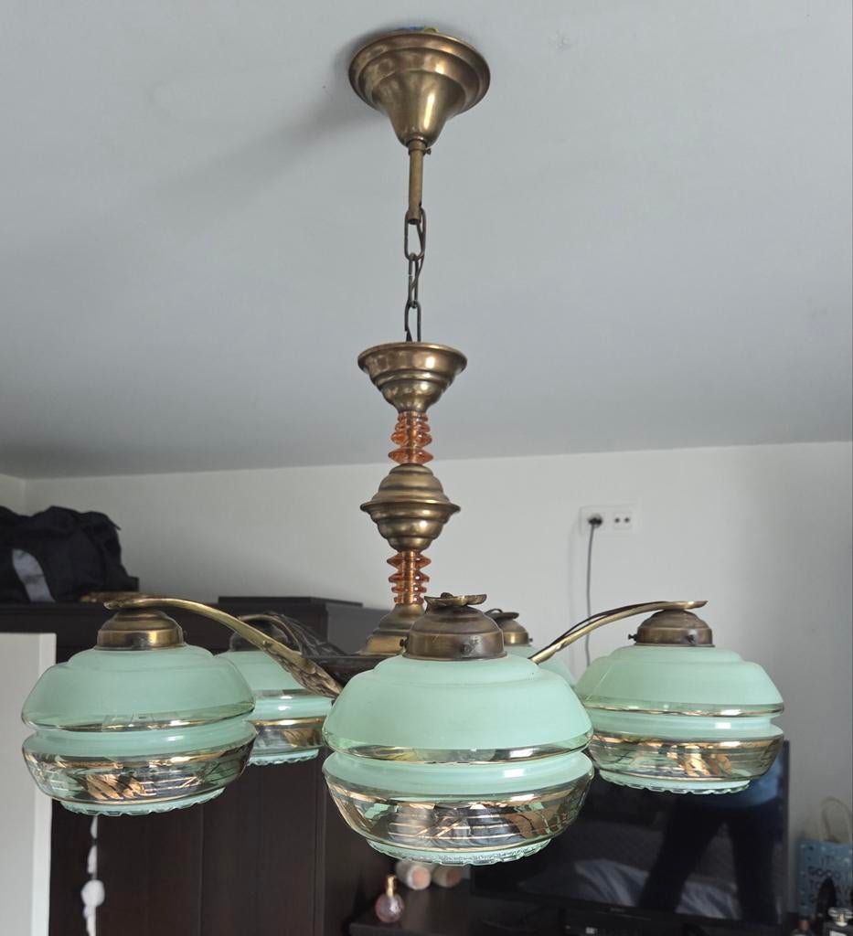 Vintage Art Deco  Kroonluchter 5 Lichtpunten, Enlèvement, Verre