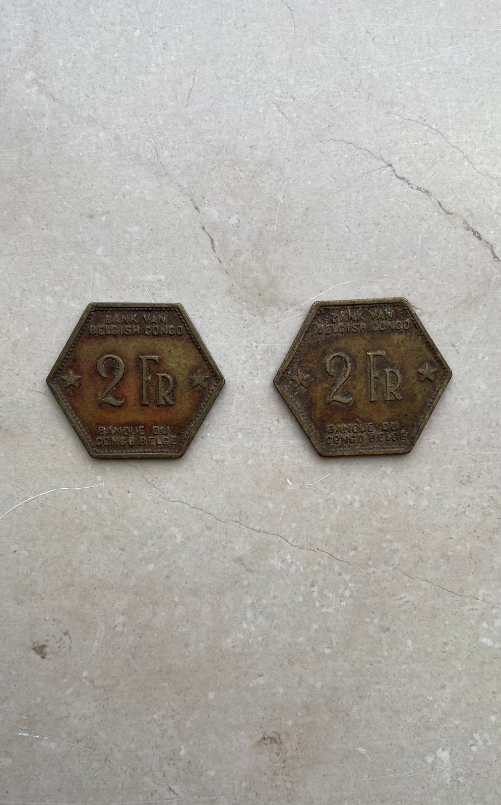 Lot pièce 2 Francs Congo Belge 1943 - hexagonale Éléphant, Enlèvement ou Envoi